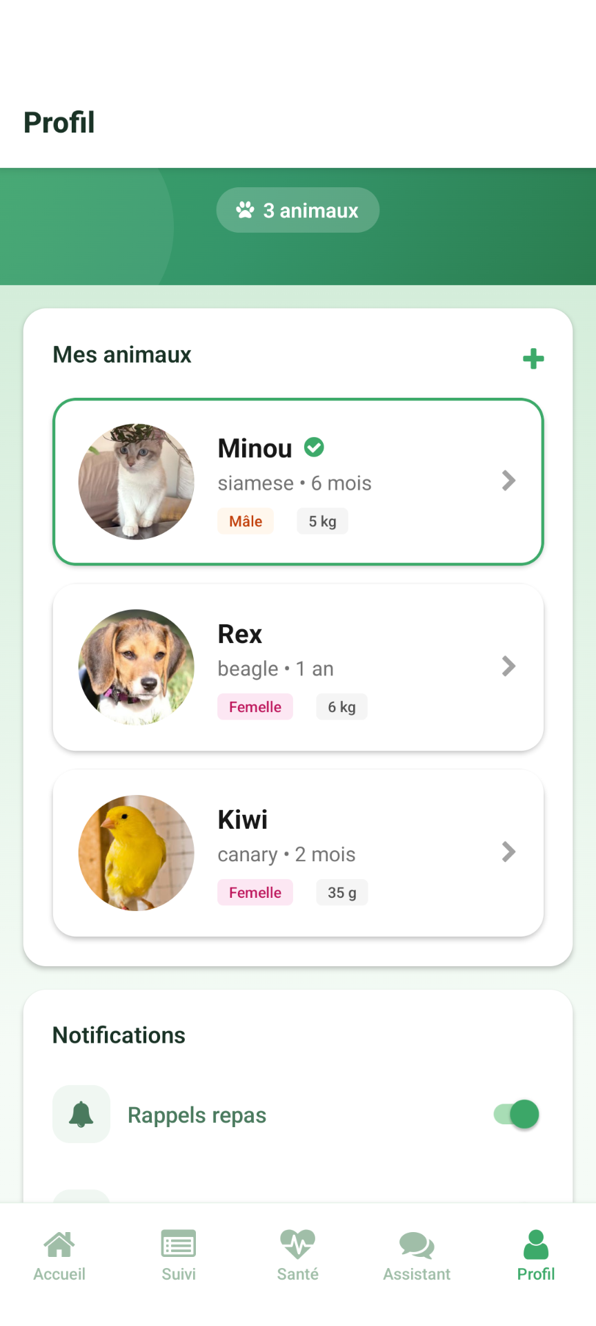 Profil animaux - PetCare